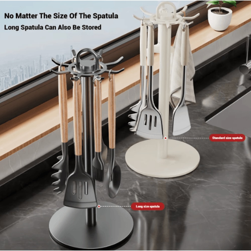 Rotating Kitchen Utensil Stand With 8 Hooks SpaceSaving Countertop Organizer 7