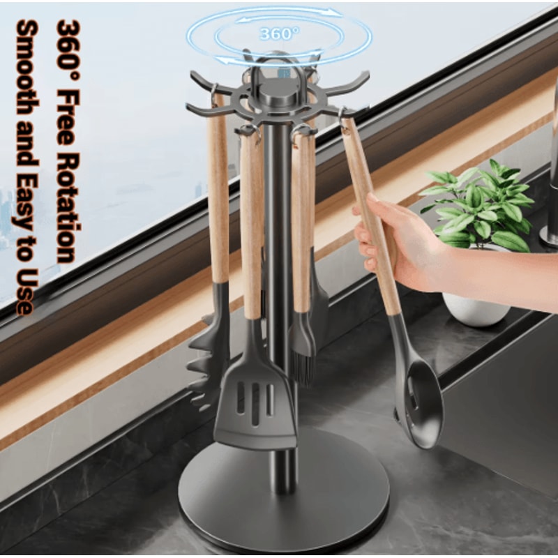 Rotating Kitchen Utensil Stand With 8 Hooks SpaceSaving Countertop Organizer 0