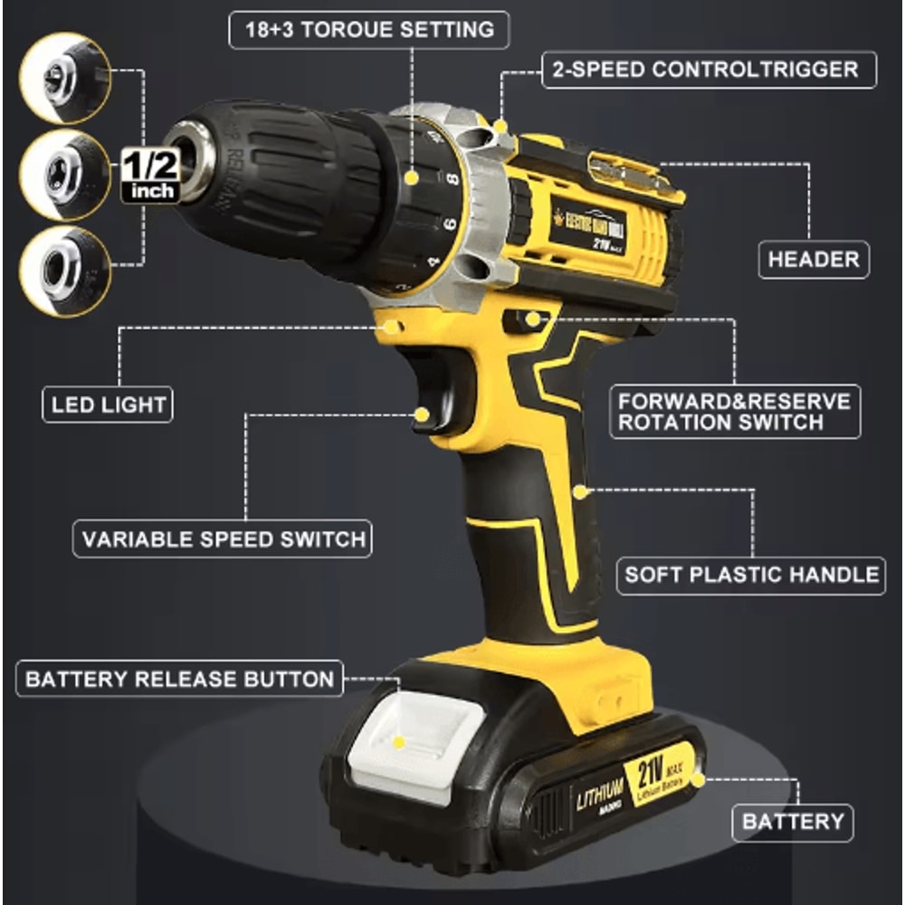 20V Cordless Drill Kit Complete Home Repair Power Tool Set With Drill Bits 5
