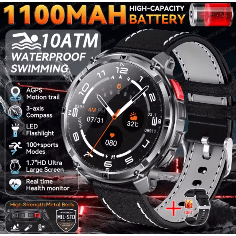 2026 TRex3 Pro Military GPS Smartwatch 1100mAh LongStandby Rugged Outdoor Watch 7
