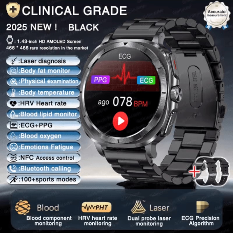 VitaPulse AI Laser Health Smartwatch ECG PPG Blood Pressure Body Analysis Watch 2