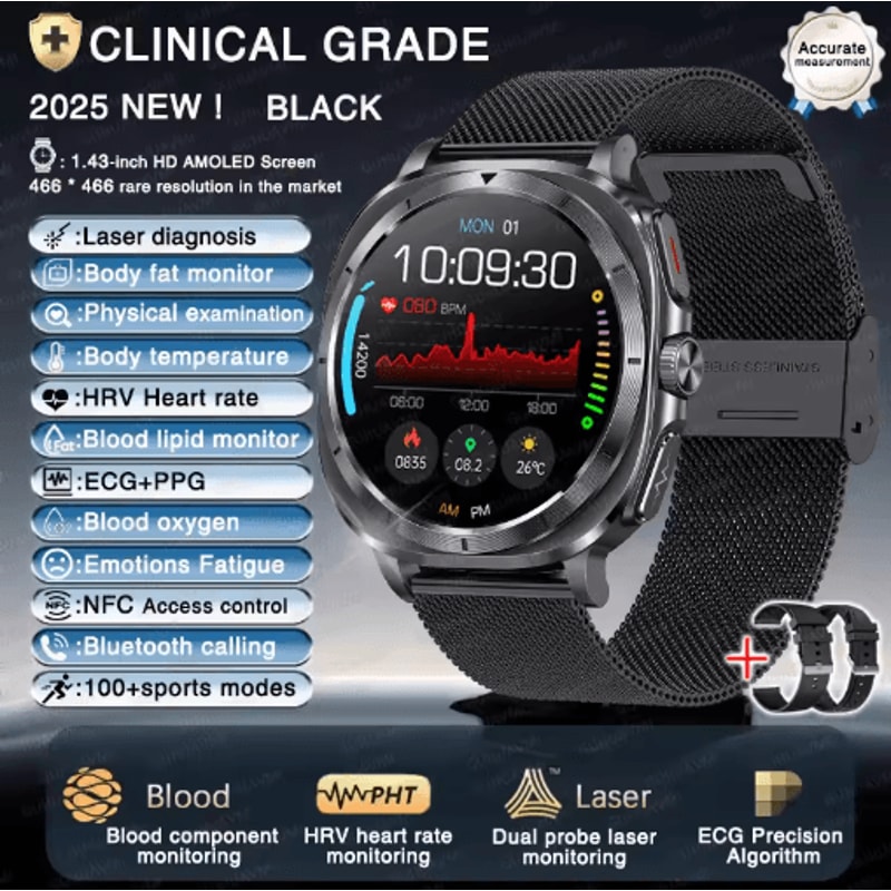 VitaPulse AI Laser Health Smartwatch ECG PPG Blood Pressure Body Analysis Watch 3
