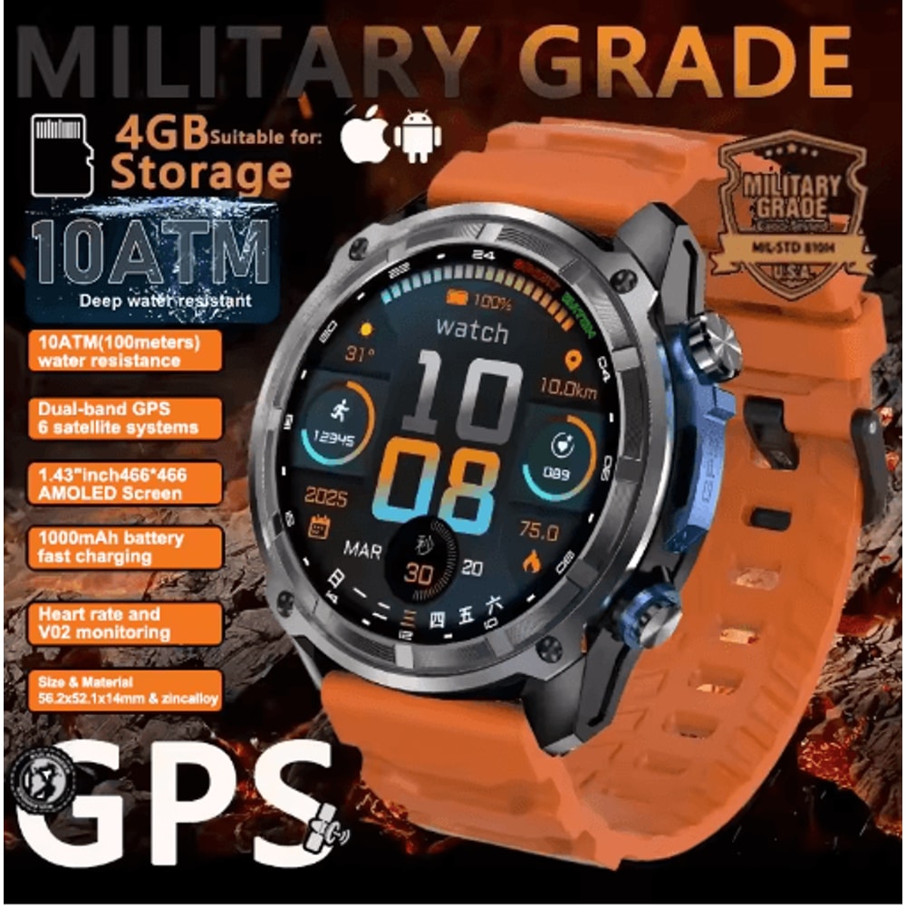 TRex 3 Pro Rugged GPS Smartwatch Offline Maps 10ATM Military Outdoor Watch 5