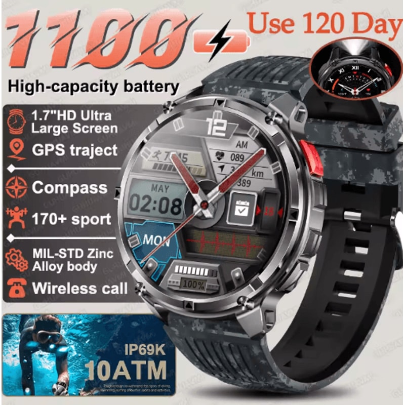 TRex 3 Pro Military GPS Smartwatch Rugged 10ATM Waterproof Watch With 1100mAh Power 9