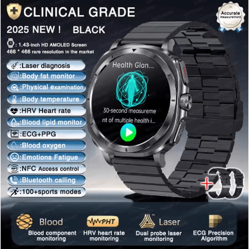 BioTrack AI Health Smartwatch ECG PPG Blood Pressure Full Body Analysis Watch 0