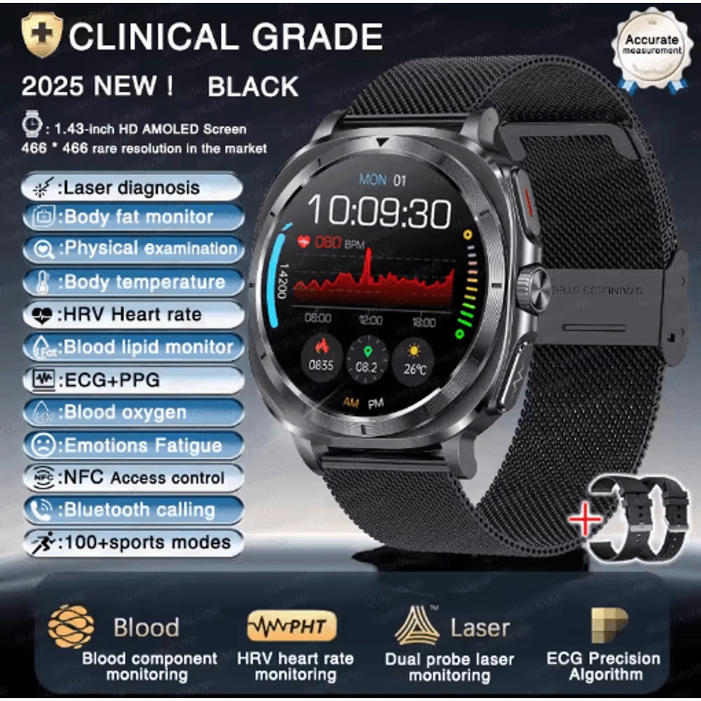 BioTrack AI Health Smartwatch ECG PPG Blood Pressure Full Body Analysis Watch 2