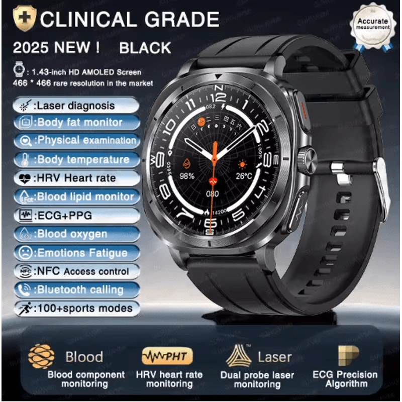 BioTrack AI Health Smartwatch ECG PPG Blood Pressure Full Body Analysis Watch 7