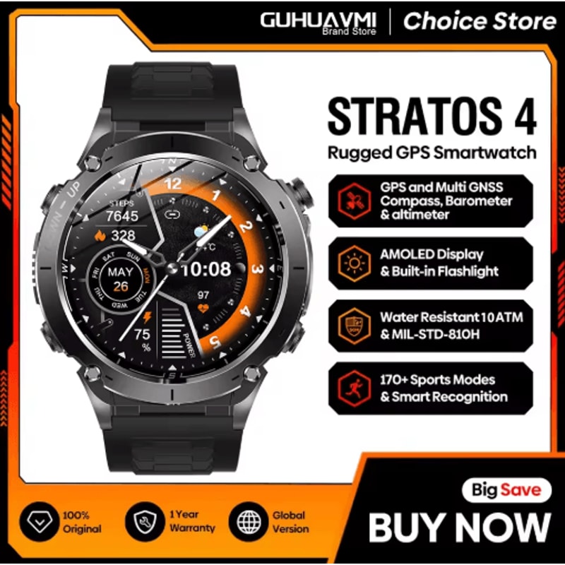 Stratos 4 Rugged GPS Smartwatch AMOLED Outdoor Watch With Compass Altimeter Flashlight 0