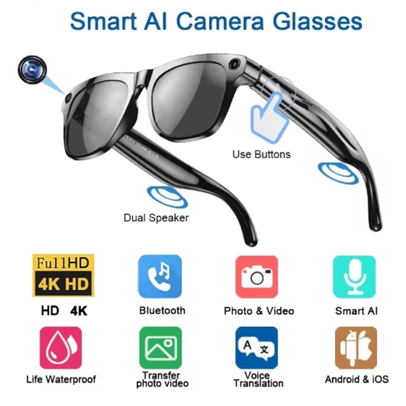 VisionTranslate Pro 4K AI Smart Glasses Camera Translation Bluetooth Call Wearable 1