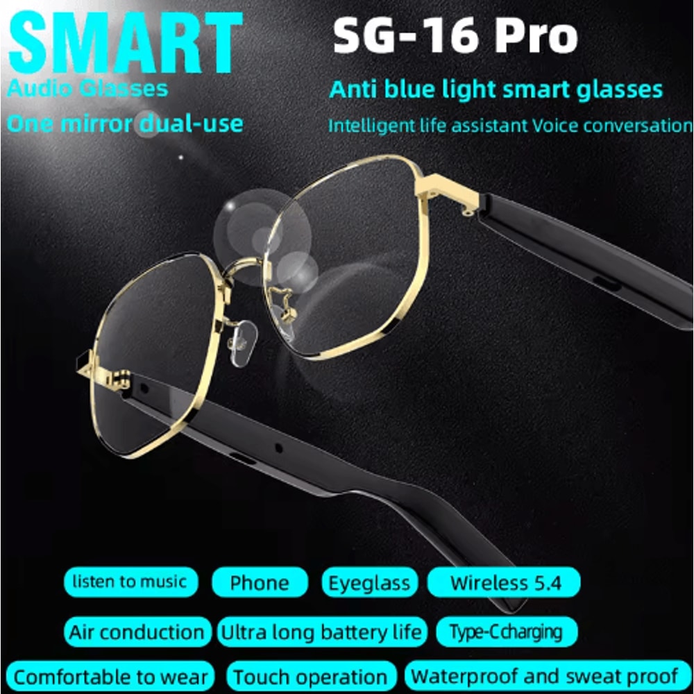 SG16 Pro Smart Audio Glasses Anti Blue Light Bluetooth Sunglasses With Gold Frame For Sports Dail 3