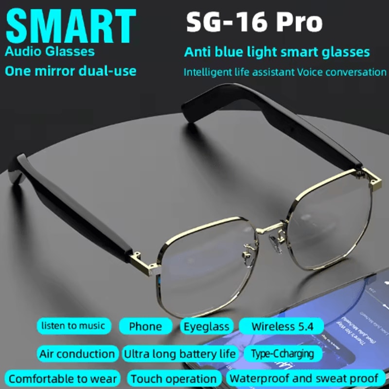 SG16 Pro Smart Audio Glasses Anti Blue Light Bluetooth Sunglasses With Gold Frame For Sports Dail 0