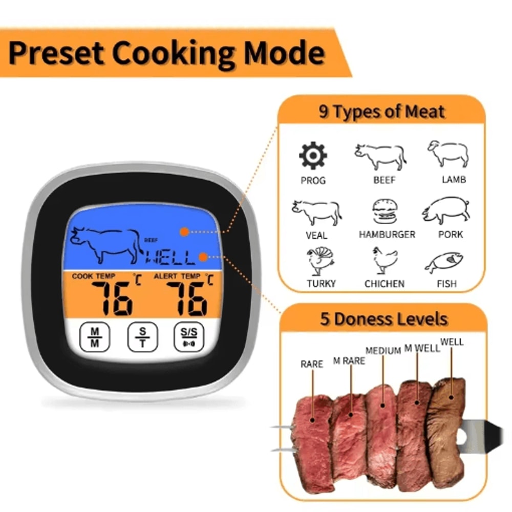 Smart Touchscreen Meat Thermometer With Probe Digital BBQ Kitchen Thermometer With Timer Cook Mo 4