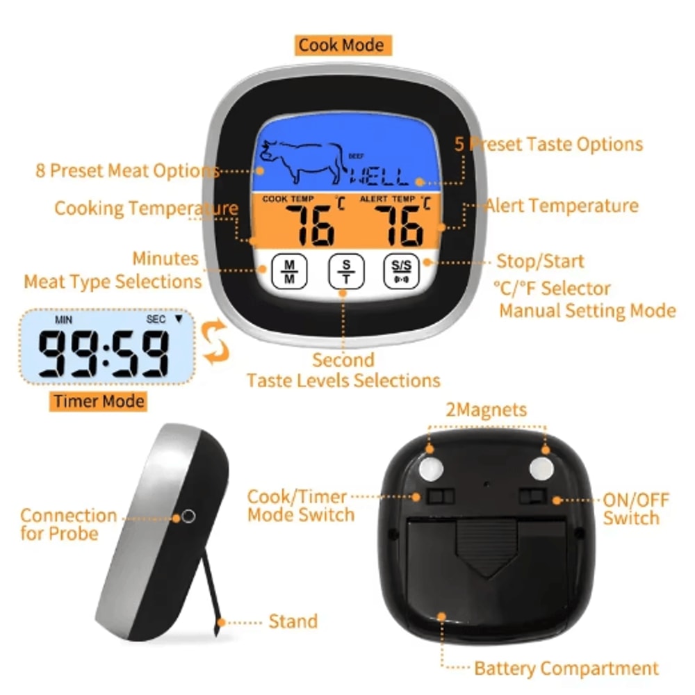 Smart Touchscreen Meat Thermometer With Probe Digital BBQ Kitchen Thermometer With Timer Cook Mo 6