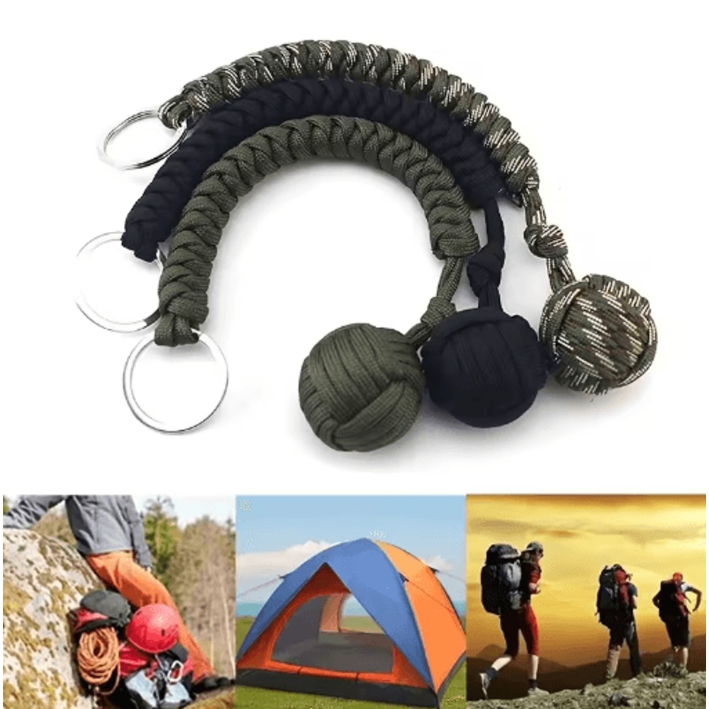 Outdoor Monkey Fist Steel Ball Survival Keychain With Lanyard 15