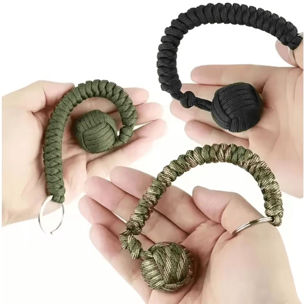 Outdoor Monkey Fist Steel Ball Survival Keychain With Lanyard 16