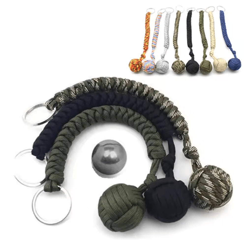 Outdoor Monkey Fist Steel Ball Survival Keychain With Lanyard 0