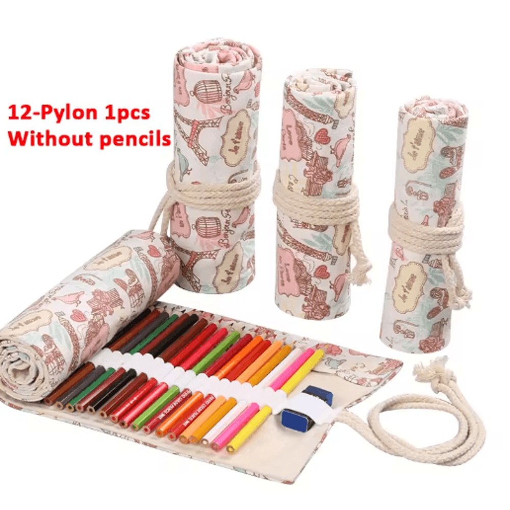 Canvas Roll Up Pencil Case For Pens Brushes School Supplies 12