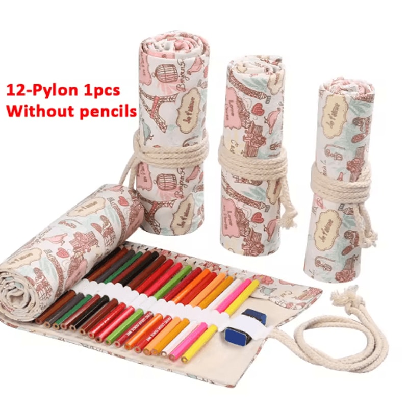 Canvas Roll Up Pencil Case For Pens Brushes School Supplies 12
