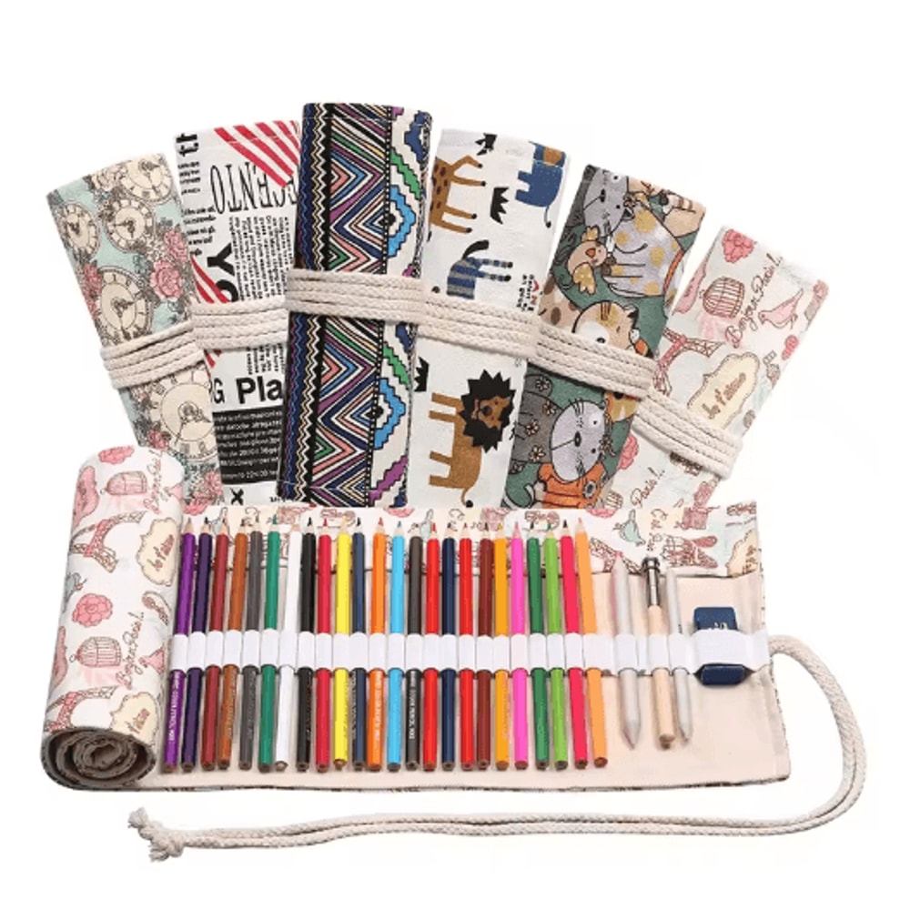 Canvas Roll Up Pencil Case For Pens Brushes School Supplies 0