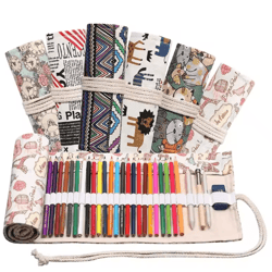 canvas roll up pencil case for pens, brushes & school supplies