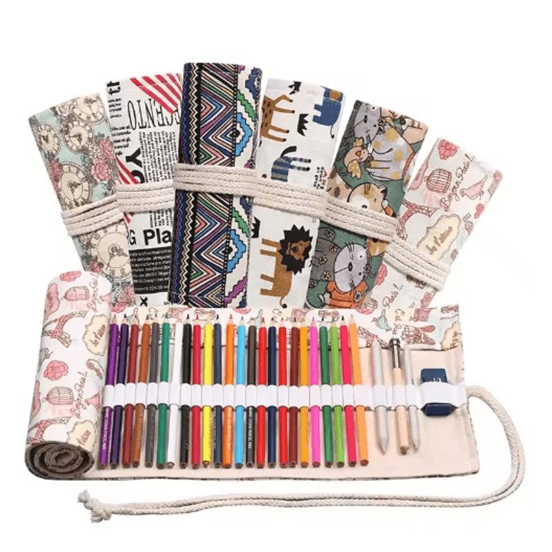 Canvas Roll Up Pencil Case For Pens Brushes School Supplies 0