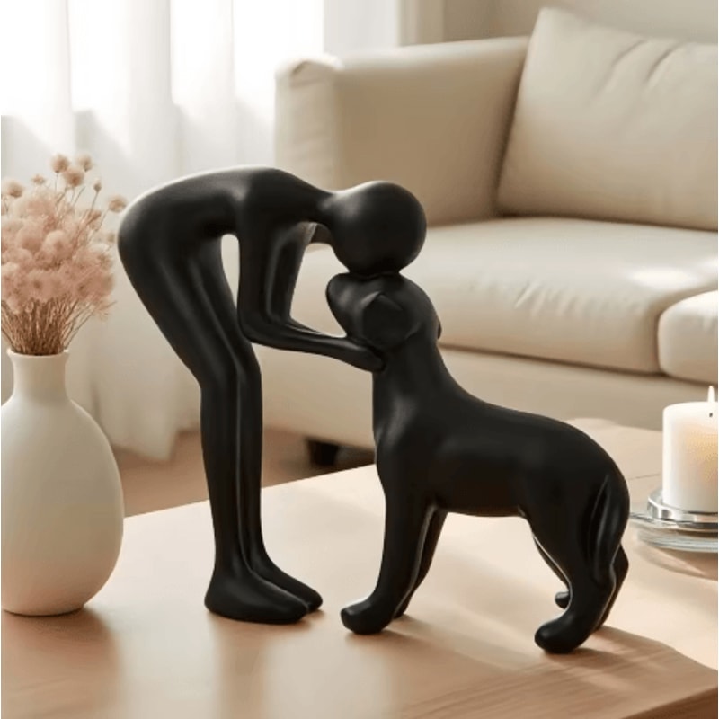 Elegant Black Dog Owner Statue For Home Decoration 0