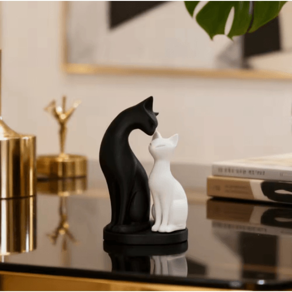 Elegant Black White Cat Sculpture For Home Office Decor 0