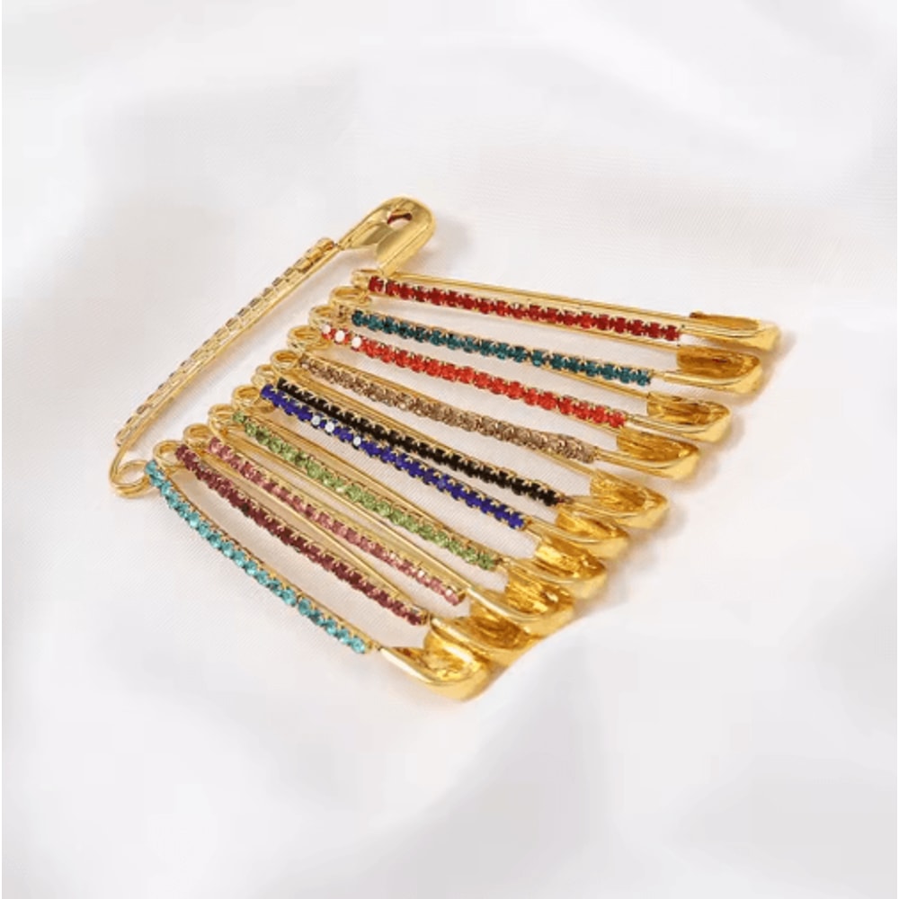 Gold Rhinestone Safety Pin Brooch Clips For Sweaters Shawls Hats 1
