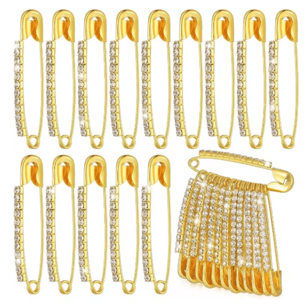 Gold Rhinestone Safety Pin Brooch Clips For Sweaters Shawls Hats 0