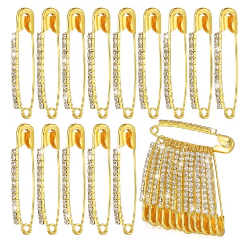 Gold Rhinestone Safety Pin Brooch Clips For Sweaters Shawls Hats 0
