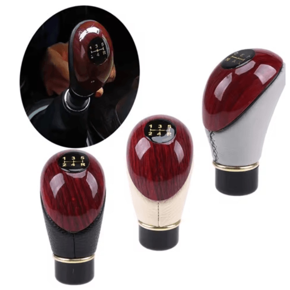 Universal Wooden PU Leather 5Speed Manual Gear Shift Knob 5
