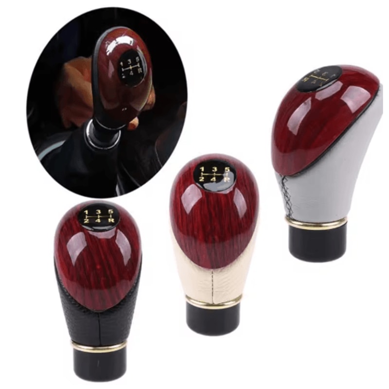 Universal Wooden PU Leather 5Speed Manual Gear Shift Knob 5