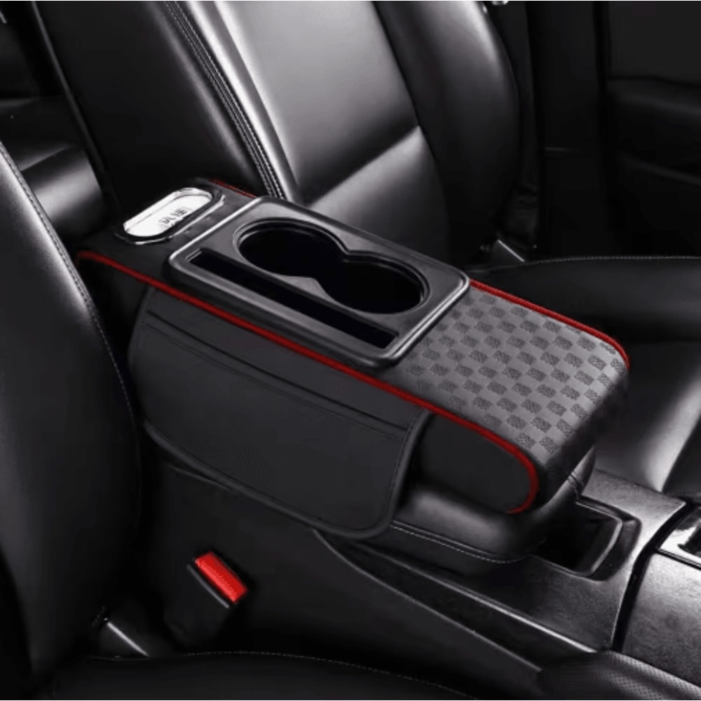 Universal PU Leather Car Armrest Cushion With Cup Holder Tissue Storage 1