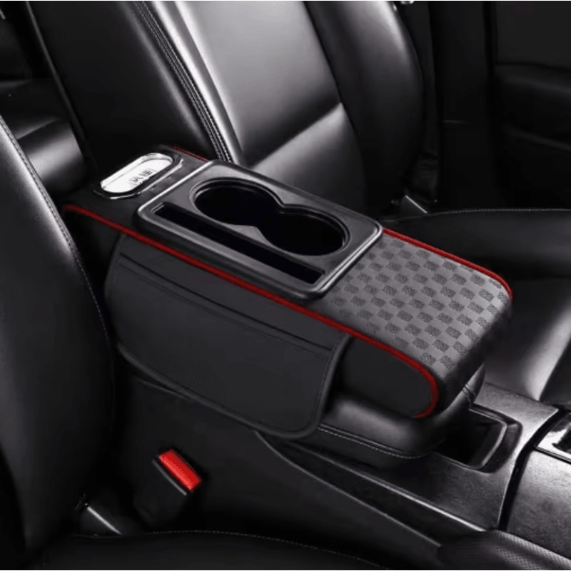 Universal PU Leather Car Armrest Cushion With Cup Holder Tissue Storage 1