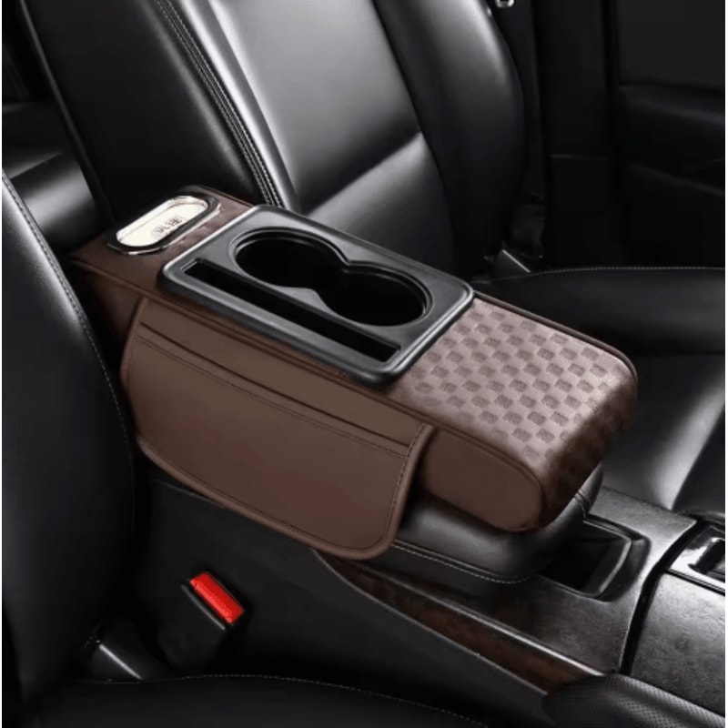 Universal PU Leather Car Armrest Cushion With Cup Holder Tissue Storage 3