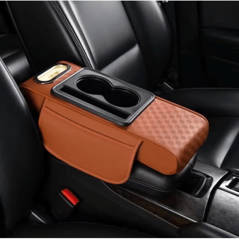 Universal PU Leather Car Armrest Cushion With Cup Holder Tissue Storage 4