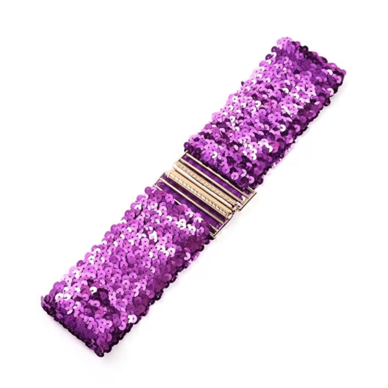 Wide Elastic Sequin Waist Belt With Gold Buckle For Women 2