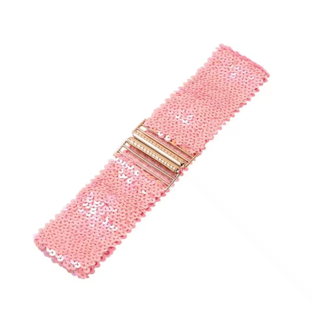 Wide Elastic Sequin Waist Belt With Gold Buckle For Women 3