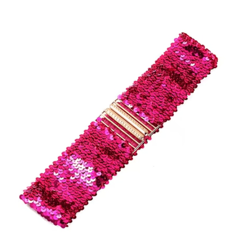Wide Elastic Sequin Waist Belt With Gold Buckle For Women 4