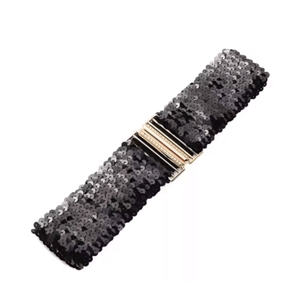 Wide Elastic Sequin Waist Belt With Gold Buckle For Women 5
