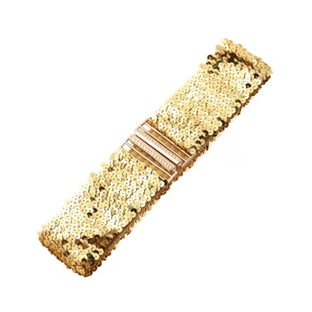 Wide Elastic Sequin Waist Belt With Gold Buckle For Women 7
