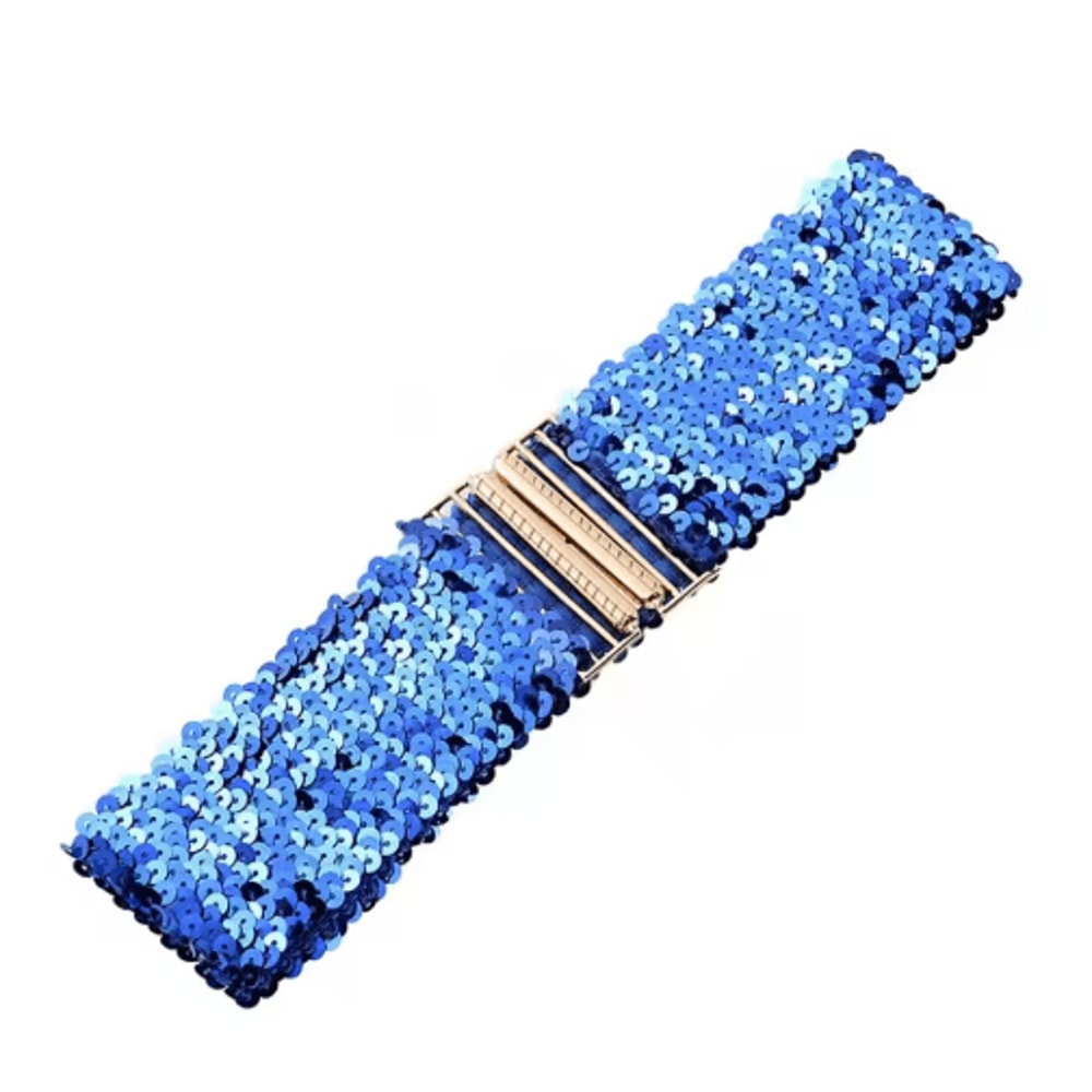 Wide Elastic Sequin Waist Belt With Gold Buckle For Women 8