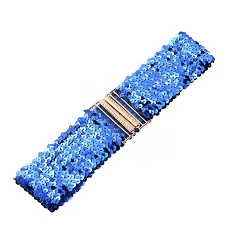 Wide Elastic Sequin Waist Belt With Gold Buckle For Women 8