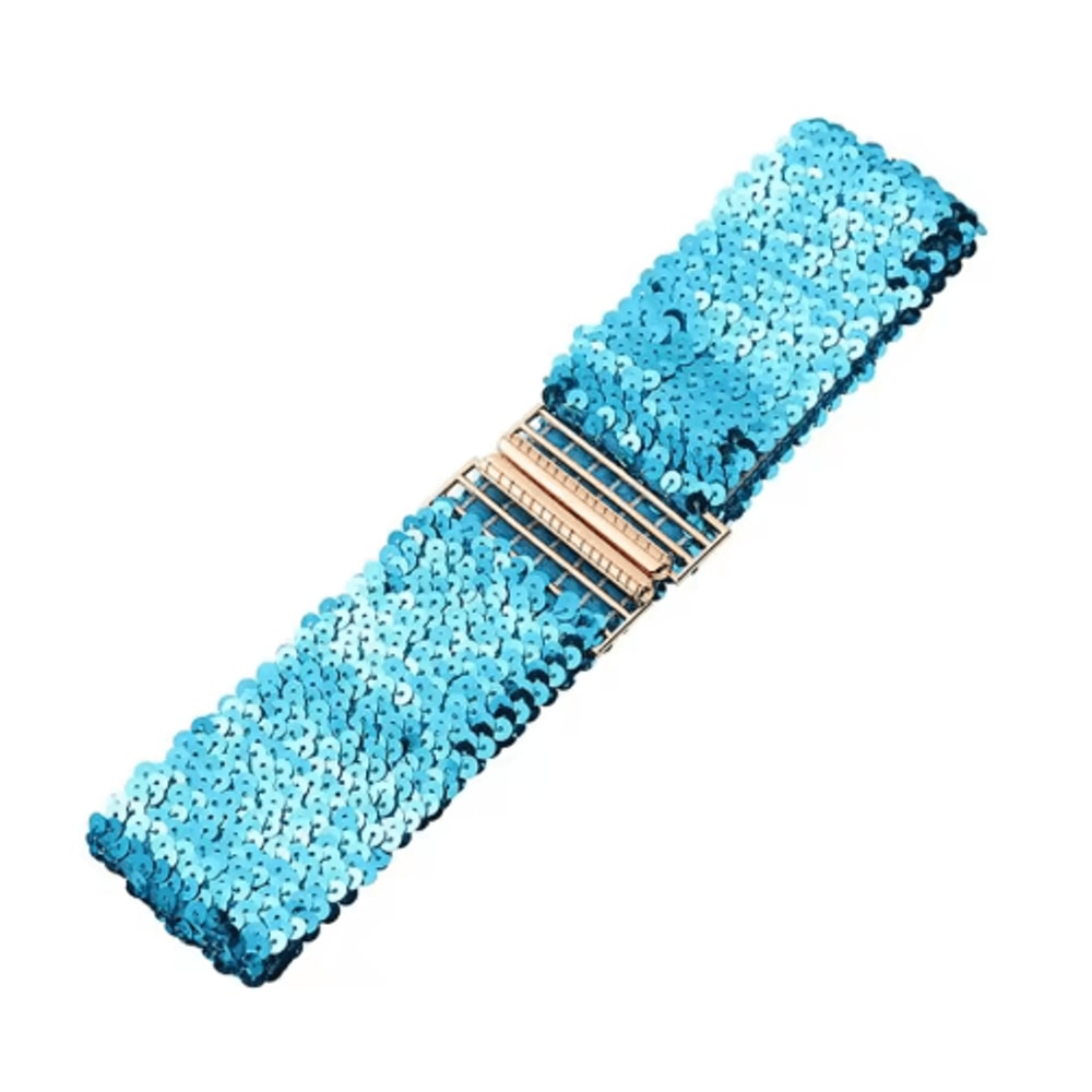 Wide Elastic Sequin Waist Belt With Gold Buckle For Women 9