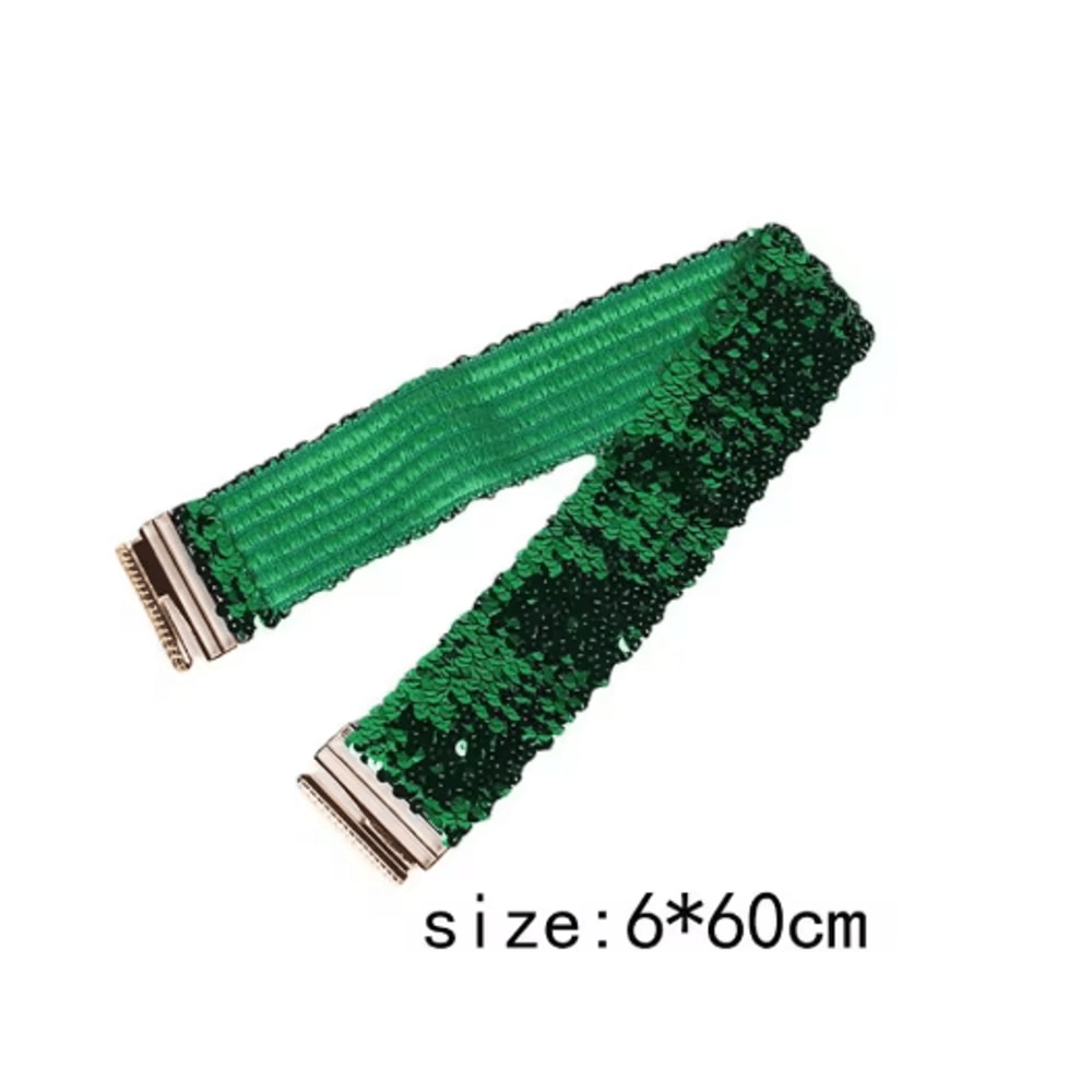 Wide Elastic Sequin Waist Belt With Gold Buckle For Women 11
