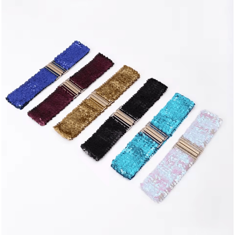 Wide Elastic Sequin Waist Belt With Gold Buckle For Women 12