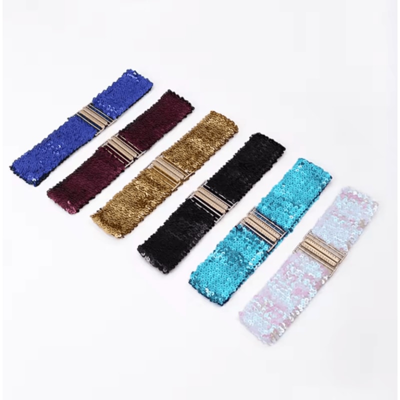 Wide Elastic Sequin Waist Belt With Gold Buckle For Women 12