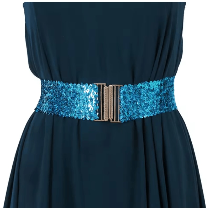 Wide Elastic Sequin Waist Belt With Gold Buckle For Women 13