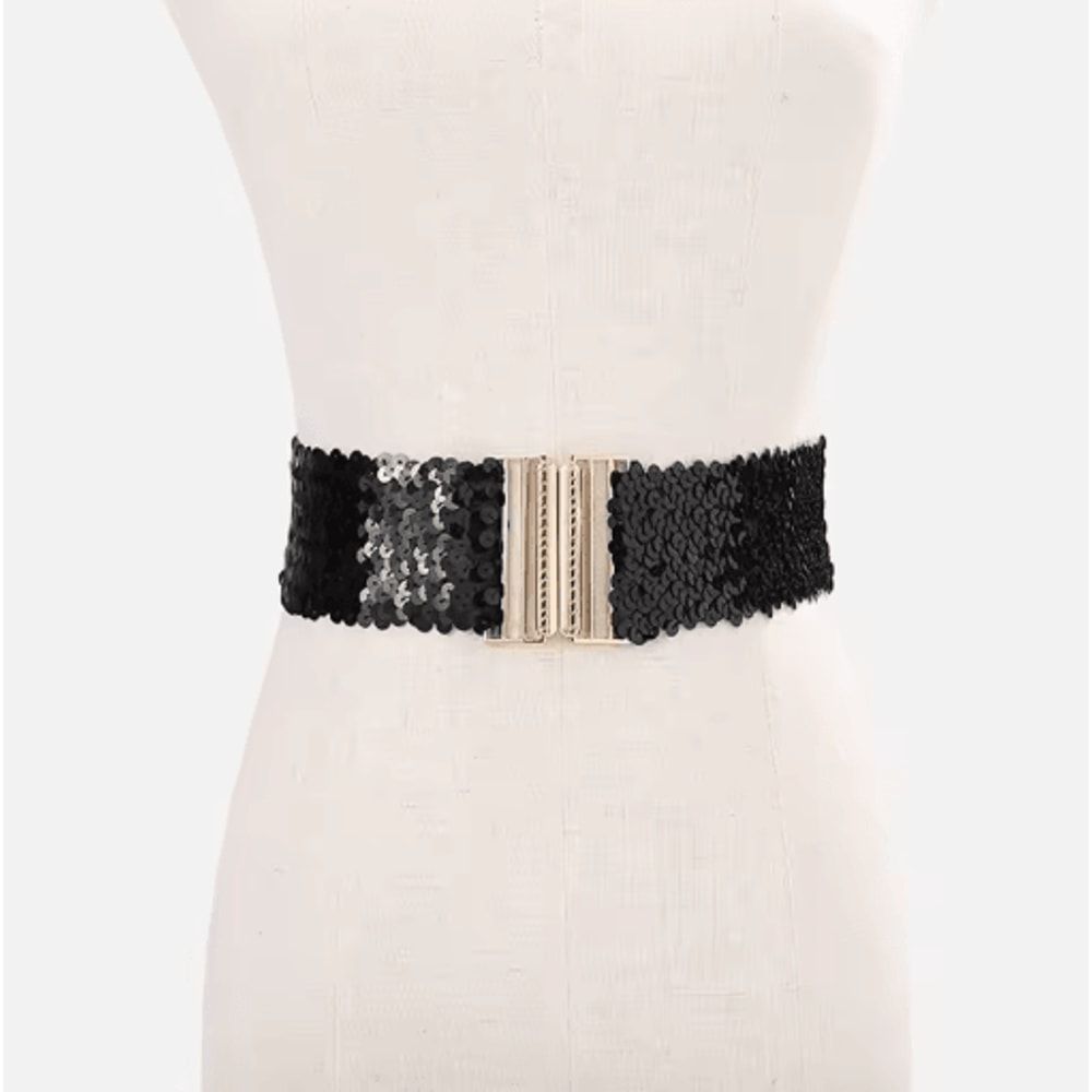 Wide Elastic Sequin Waist Belt With Gold Buckle For Women 14