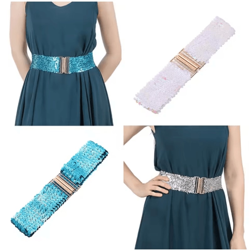 Wide Elastic Sequin Waist Belt With Gold Buckle For Women 0